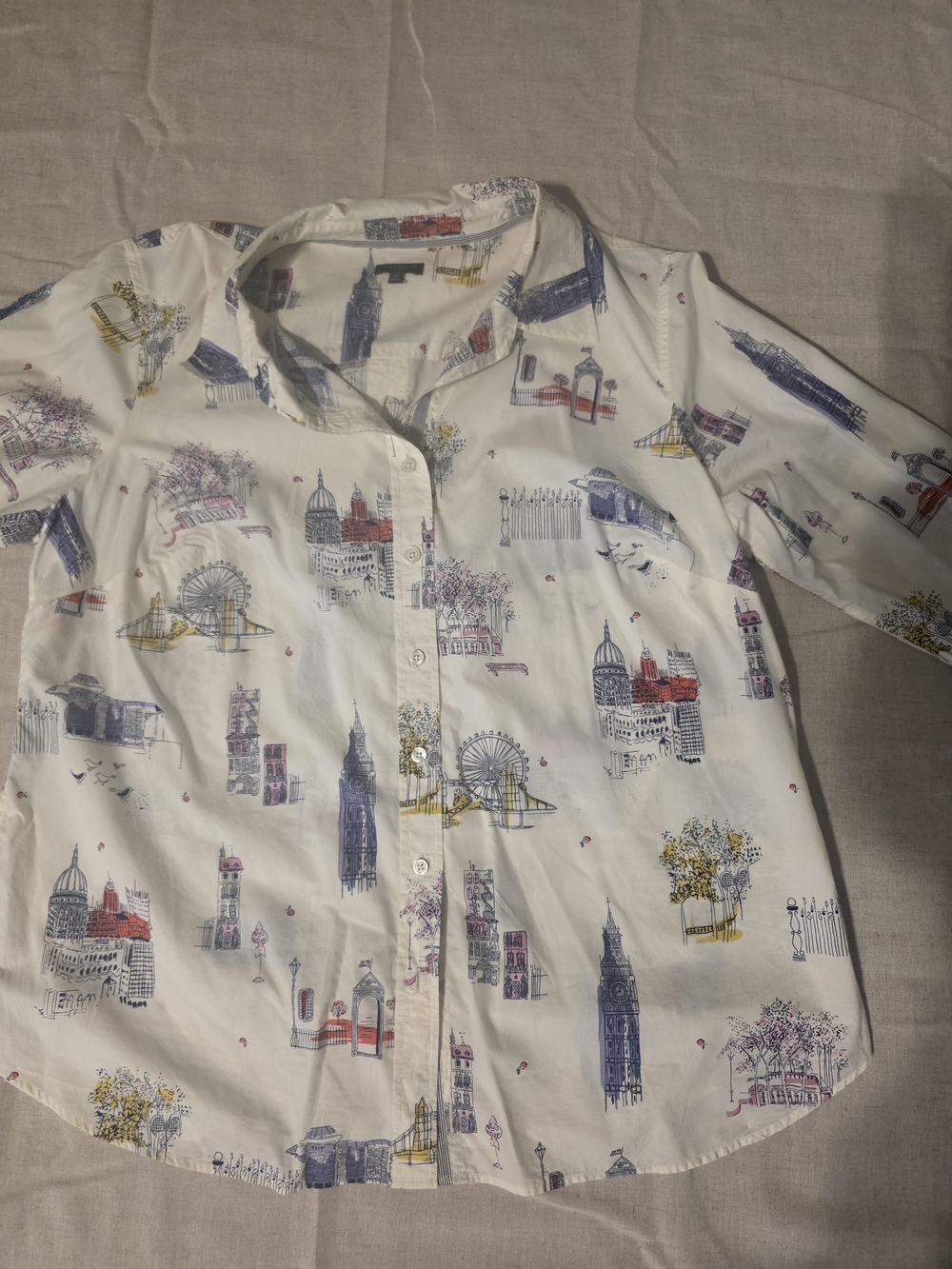Talbots White Button-Down Shirt with Multicolor London Landmark Print
